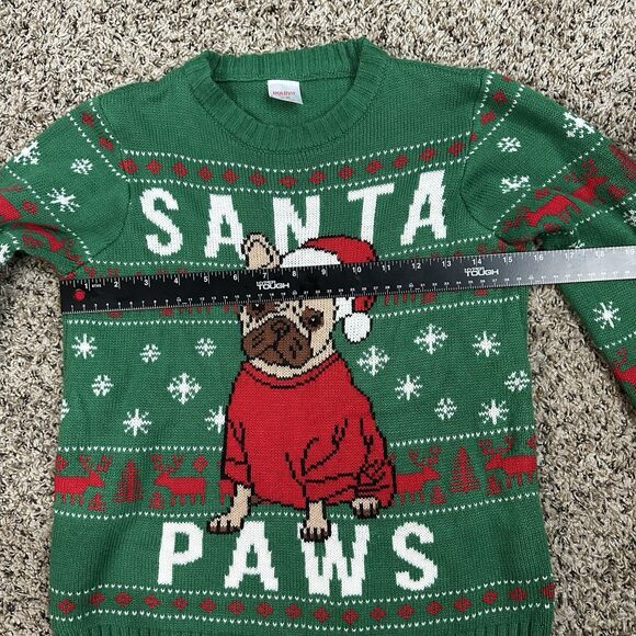 Holiday Time Kids Sz M 8 Green Christmas Sweater Santa Paws Pug Dog Ugly Sweater - Picture 6 of 9